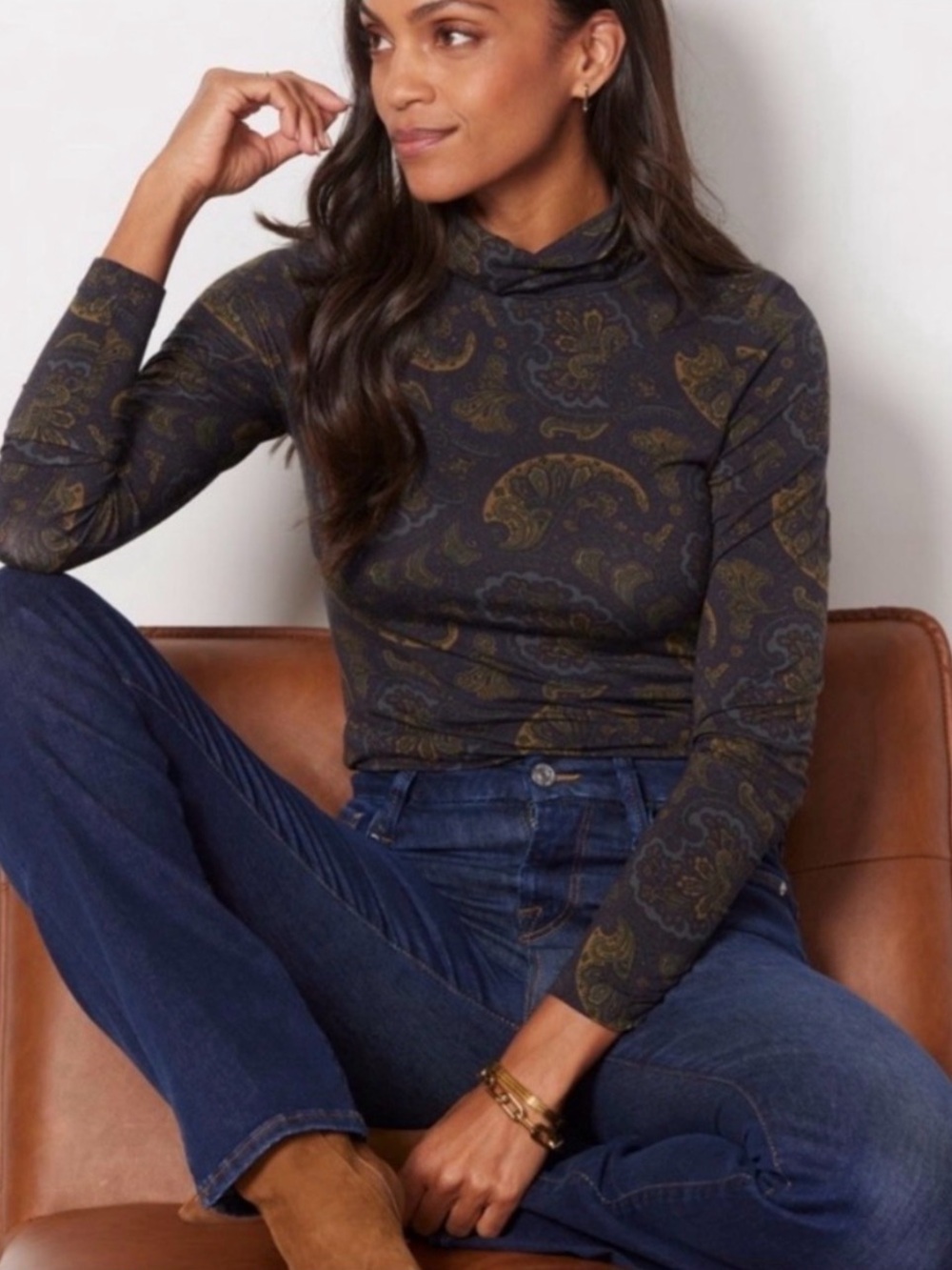 Evereve Paisley Print Evergreen Modal Turtleneck Top size Small